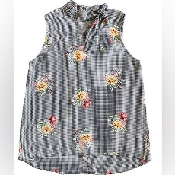 &.Layered Anthropologie Size M Sleeveless Houndstooth Floral Print Hi-Low Blouse - Picture 2 of 3